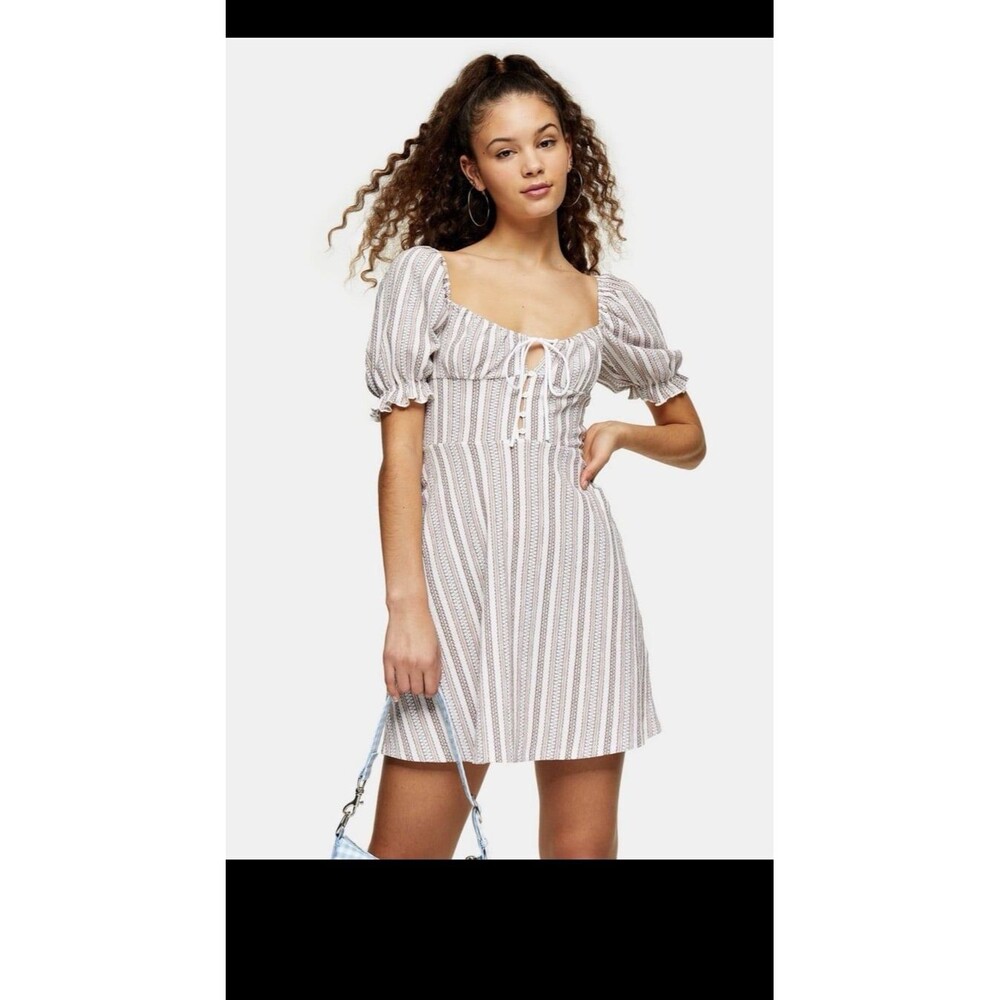 TOPSHOP Textured Stripe Puffed Sleeves Mini Dress sz 4 summer vcay sexy Barbie